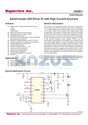 HV9911 datasheet - Switch-mode LED Driver IC with High Current Accuracy