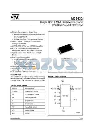 M39432 datasheet - Single Chip 4 Mbit Flash Memory and 256 Kbit Parallel EEPROM