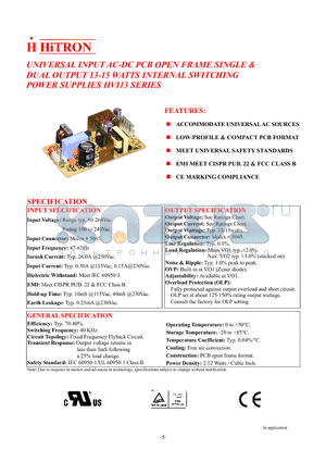 HVI13-S050028 datasheet - UNIVERSAL INPUT AC-DC PCB OPEN FRAME SINGLE & DUAL OUTPUT 13-15 WATTS INTERNAL SWITCHING POWER SUPPLIES