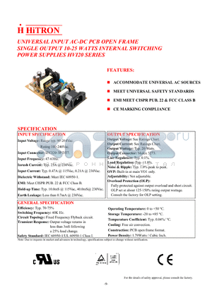 HVI20-10A datasheet - UNIVERSAL INPUT AC-DC PCB OPEN FRAME SINGLE OUTPUT 10-25 WATTS INTERNAL SWITCHING POWER SUPPLIES