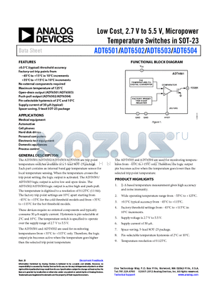 ADT6501SRJZP105RL7 datasheet - Low Cost, 2.7 V to 5.5 V, Micropower Temperature Switches in SOT-23