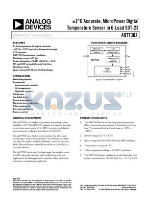 ADT7302 datasheet - a2`C Accurate, MicroPower Digital Temperature Sensor in 6-Lead SOT-23