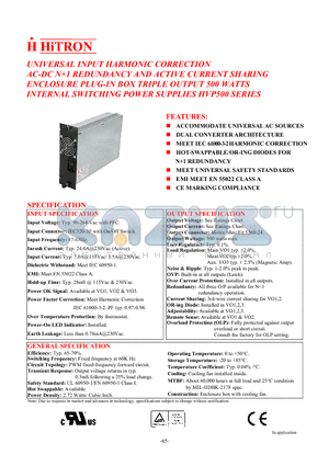 HVP500-T050DI datasheet - UNIVERSAL INPUT HARMONIC CORRECTION AC-DC N1 REDUNDANCY AND ACTIVE CURRENT SHARING ENCLOSURE PLUG-IN BOX TRIPLE OUTPUT 500 WATTS INTERNAL SWITCHING