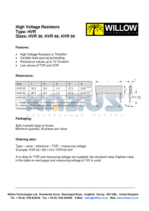 HVR30 datasheet - High Voltage Resistors