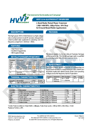 HVV1214-025 datasheet - L-Band Radar Pulsed Power Transistor 1200-1400 MHz, 200ls Pulse, 10% Duty for Ground Based Radar Applications