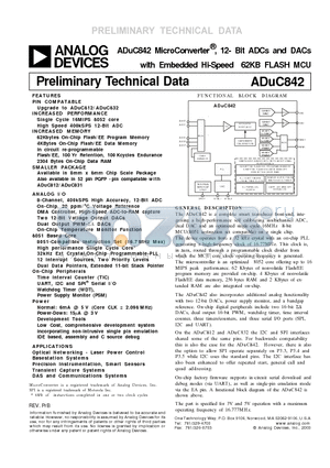 ADUC842BS datasheet - 12- Bit ADCs and DACs with Embedded Hi-Speed 62KB FLASH MCU