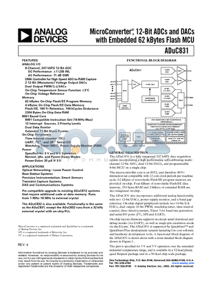 ADUC831BCP datasheet - MicroConverter, 12-Bit ADCs and DACs with Embedded 62 kBytes Flash MCU