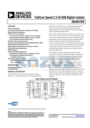 ADUM3160 datasheet - Full/Low Speed 2.5 kV USB Digital Isolator