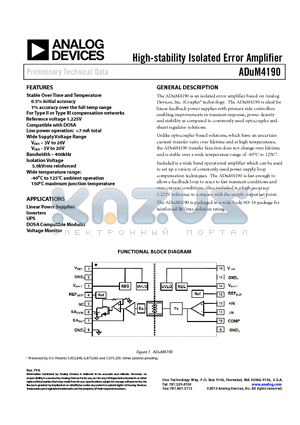 ADUM4190 datasheet - High-stability Isolated Error Amplifier