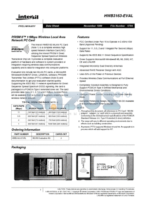 HWB3163-EVAL datasheet - PRISM II 11Mbps Wireless Local Area Network PC Card