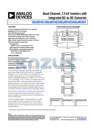 ADUM5403 datasheet - Quad-Channel, 2.5 kV Isolators with Integrated DC-to-DC Converter