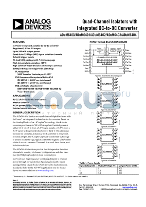 ADUM6400 datasheet - Quad-Channel Isolators with Integrated DC-to-DC Converter