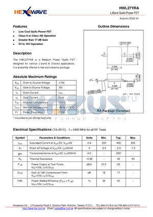 HWL27YRA datasheet - L-Band GaAs Power FET