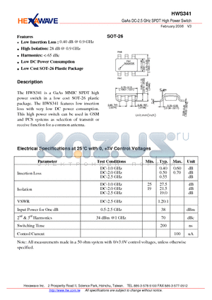 HWS341 datasheet - GaAs DC-2.5 GHz SPDT High Power Switch