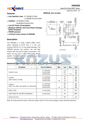 HWS420 datasheet - GaAs DC-6 GHz DPDT Switch