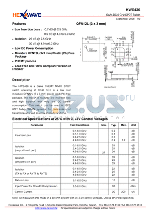 HWS436 datasheet - GaAs DC-6 GHz DPDT Switch