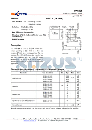 HWS451 datasheet - GaAs DC-6 GHz SP4T Switch