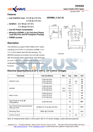 HWS503 datasheet - GaAs 0.5-6GHz DPDT Switch