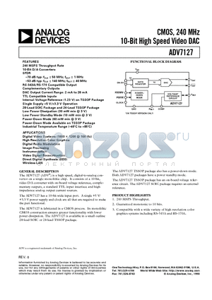 ADV7127JRU240 datasheet - CMOS, 240 MHz 10-Bit High Speed Video DAC