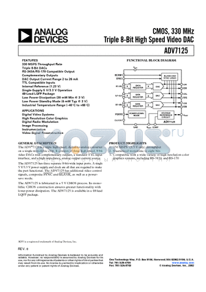 ADV7125JST330 datasheet - CMOS, 330 MHz Triple 8-Bit High Speed Video DAC