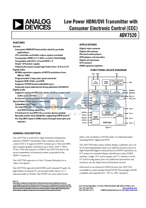 ADV7520/PCBZ datasheet - Low Power HDMI/DVI Transmitter with Consumer Electronic Control (CEC)