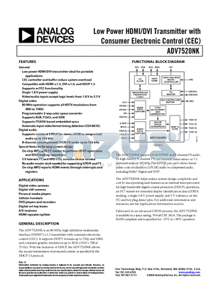 ADV7520NK datasheet - Low Power HDMI/DVI Transmitter with Consumer Electronic Control (CEC)