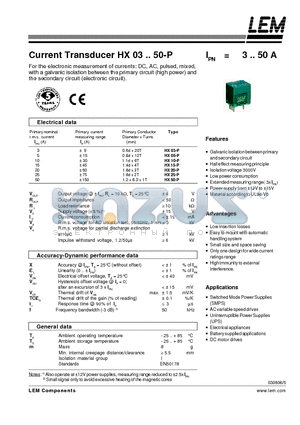 HX50-P datasheet - Current Transducer HX 03~50-P