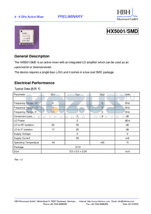 HX5001 datasheet - 4 - 6 GHz Active Mixer