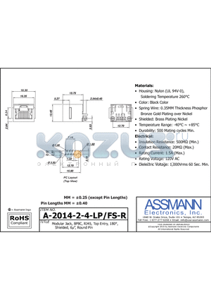 AE10398 datasheet - MODULAR JACK, 8P8C