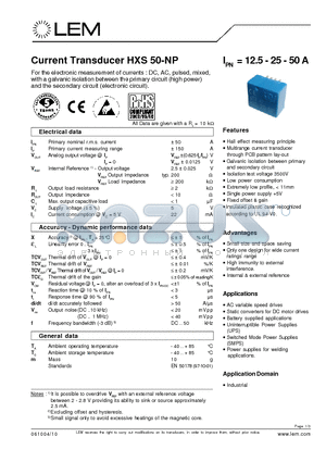 HXS50-NP datasheet - Current Transducer