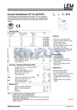 HY05-P/SP1 datasheet - Current Transducers HY 5 to 25-P/SP1