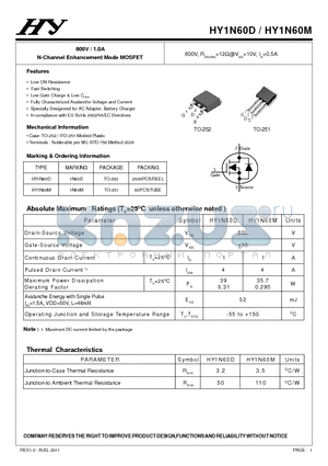 HY1N60D datasheet - 600V / 1.0A N-Channel Enhancement Mode MOSFET