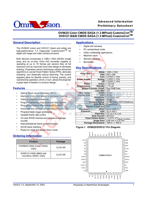 OV9625 datasheet - OV9625 Color CMOS SXGA (1.3 MPixel) CAMERACHIP OV9121 B&W CMOS SXGA (1.3 MPixel) CAMERACHIP