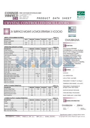 OVA3BA2AA-20M datasheet - 3.3V SURFACE MOUNT LVCMOS STRATUM 3 VCOCXO