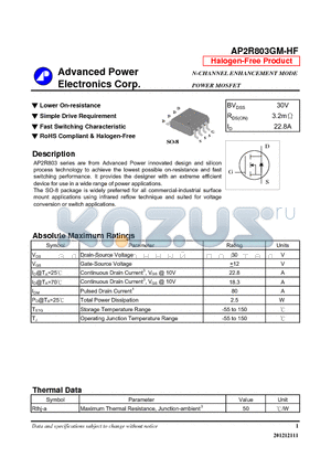 AP2R803GM-HF datasheet - Lower On-resistance, Simple Drive Requirement