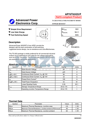 AP70T03GP datasheet - Simple Drive Requirement, Low Gate Charge