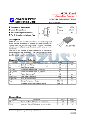 AP70T15GI-HF datasheet - N-CHANNEL ENHANCEMENT MODE POWER MOSFET