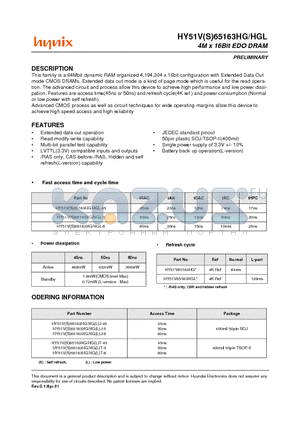 HY51V65163HGT-6 datasheet - 4M x 16Bit EDO DRAM