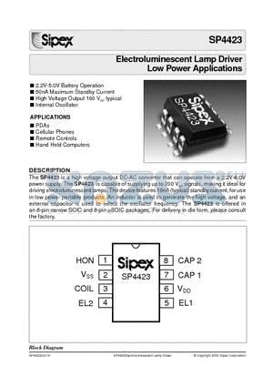 SP4423CX datasheet - Electroluminescent Lamp Driver Low Power Applications