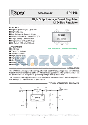 SP4446EK/TR datasheet - High Output Voltage Boost Regulator LCD Bias Regulator