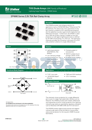 SP4040 datasheet - The SP4040 provides overvoltage protection for applications such as 10/100/1000 Base-T Ethernet and T3/E3 interfaces.