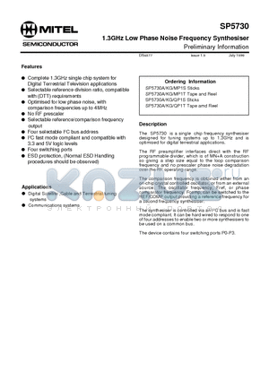 SP5730A datasheet - 1.3GHz Low Phase Noise Frequency Synthesiser