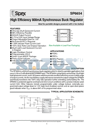 SP6654 datasheet - High Efficiency 800mA Synchronous Buck Regulator