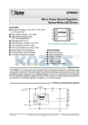 SP6690EK/TR datasheet - Micro Power Boost Regulator Series White LED Driver