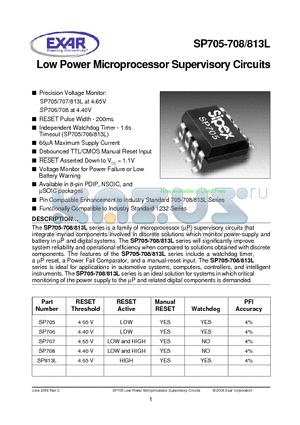 SP705 datasheet - Low Power Microprocessor Supervisory Circuits