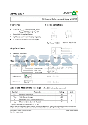 APM3023NUC-TR datasheet - N-Channel Enhancement Mode MOSFET