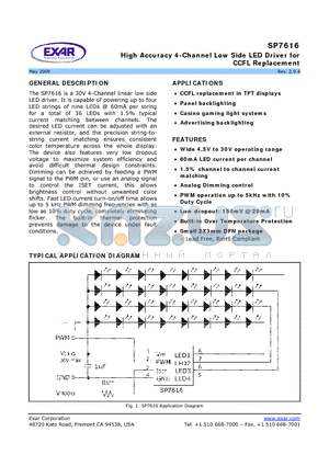 SP7616EB datasheet - High Accuracy 4-Channel Low Side LED Driver for CCFL Replacement