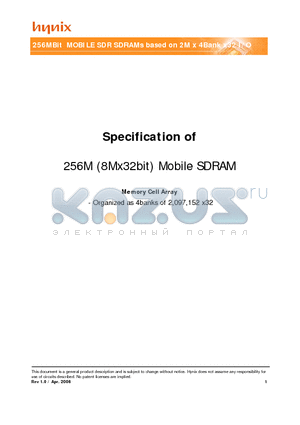 HY5S5B2BLF-6E datasheet - 256M (8Mx32bit) Mobile SDRAM