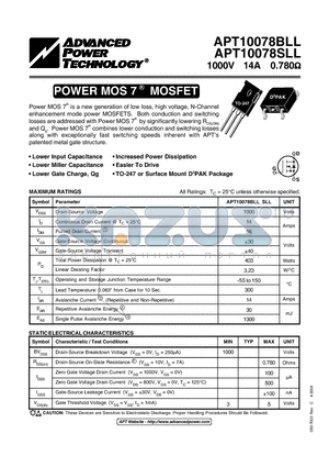 APT10078SLL datasheet - Power MOS 7TM is a new generation of low loss, high voltage, N-Channel enhancement mode power MOSFETS.