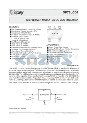 SP78LC00 datasheet - Micropower, 100mA CMOS LDO Regulator